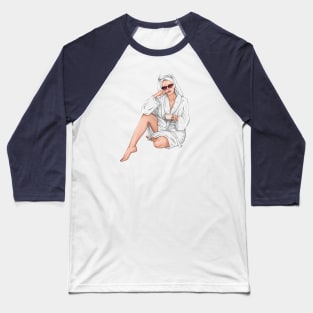 Beautiful woman with cup of tea in white spa robe Baseball T-Shirt